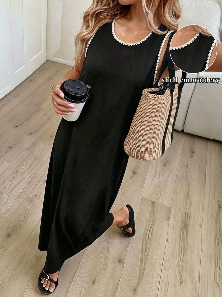 Breezaya Women's Plus Size Embroidered Contrast Trim Knit Fabric Round Neck Sleeveless Straight A-Line Midi Black Dress, Elegant Casual For Daily Wear, Home, Office, Beach, Vacation, Holiday, Romantic Gathering, Date, Wedding Guest, Party - Black and White - View 1