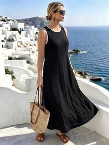 Breezaya Women's Plus Size Embroidered Contrast Trim Knit Fabric Round Neck Sleeveless Straight A-Line Midi Black Dress, Elegant Casual For Daily Wear, Home, Office, Beach, Vacation, Holiday, Romantic Gathering, Date, Wedding Guest, Party - Black and White - View 5