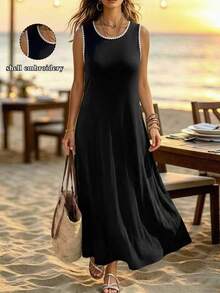 Breezaya Women's Plus Size Embroidered Contrast Trim Knit Fabric Round Neck Sleeveless Straight A-Line Midi Black Dress, Elegant Casual For Daily Wear, Home, Office, Beach, Vacation, Holiday, Romantic Gathering, Date, Wedding Guest, Party - Black and White - View 4