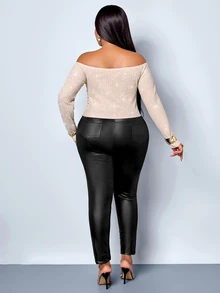 SOLERSUN Plus Size Women's Off-Shoulder Ruched Short T-Shirt, Textured Slim Fit Heart Neck Long Sleeve Top, Suitable For Daily Commute Fall - Apricot - View 4