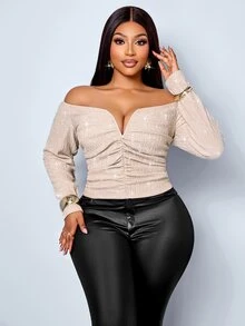SOLERSUN Plus Size Women's Off-Shoulder Ruched Short T-Shirt, Textured Slim Fit Heart Neck Long Sleeve Top, Suitable For Daily Commute Fall - Apricot - View 3