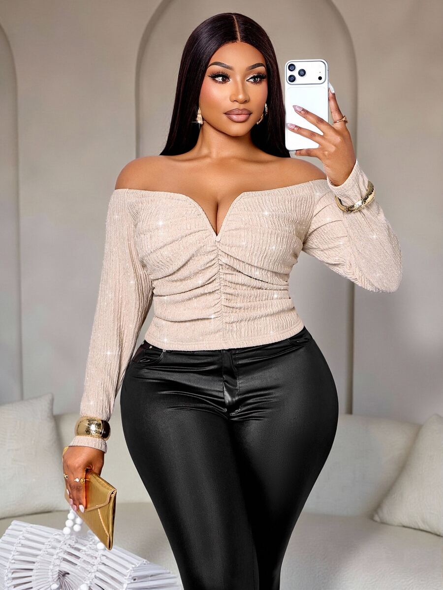 SOLERSUN Plus Size Women's Off-Shoulder Ruched Short T-Shirt, Textured Slim Fit Heart Neck Long Sleeve Top, Suitable For Daily Commute Fall - Apricot - View 1