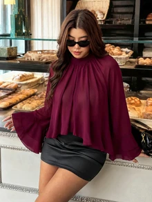 Vionelle Plus Size Minimalist Solid Color Stand Collar Chiffon Double Layer Flared Long Sleeve Slimming Versatile Commuter Doll Blouse - Burgundy - View 5