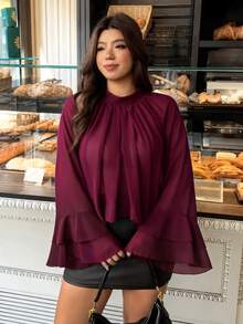 Vionelle Plus Size Minimalist Solid Color Stand Collar Chiffon Double Layer Flared Long Sleeve Slimming Versatile Commuter Doll Blouse - Burgundy - View 4