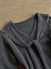 Grovea Plus Size Women's Grey Contrast Color V-Neck Knit Top Shawl Tie Waist Long Sleeve Soft Pullover Sweater Autumn Formal Party Casual Elegant - Dark Grey - View 5