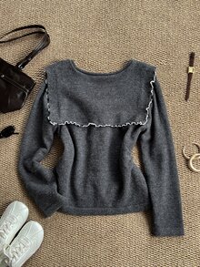 Grovea Plus Size Women's Grey Contrast Color V-Neck Knit Top Shawl Tie Waist Long Sleeve Soft Pullover Sweater Autumn Formal Party Casual Elegant - Dark Grey - View 2