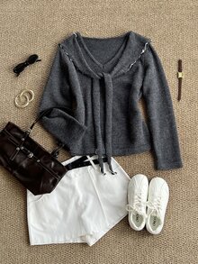 Grovea Plus Size Women's Grey Contrast Color V-Neck Knit Top Shawl Tie Waist Long Sleeve Soft Pullover Sweater Autumn Formal Party Casual Elegant - Dark Grey - View 3
