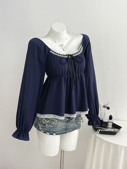 Elamini Blusa de mujer de manga larga con volantes, cuello bajo, encaje blanco, patchwork, cordón, lazo, botones, cintura ceñida, silueta A, mangas abullonadas, estilo elegante y sexy para ir al trabajo, color azul marino, para primavera, verano, otoño e invierno