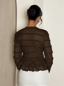 Glamine Women's Brown Multi-Layer Ruffled Lace V-Neck Front Tie Waist Long Sleeve Blouse,Elegant Autumn Top Suitable For Romantic Date,Night Out - Coffee Brown - View 2