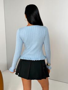 Glamine Cardigan Wanita Kasual Musim Gugur Lucu Warna Polos Leher V Biru Muda - Biru - View 2