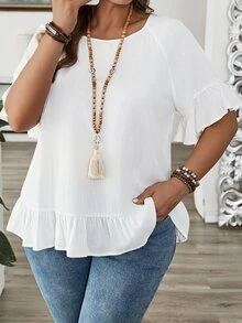 EMERY ROSE Plus Size Women's White Solid Ruffle Trim Round Neck Short Sleeve Loose Fit Blouse Beautiful Shirts Casual Daily Fall Fashion 2026 - White - View 1