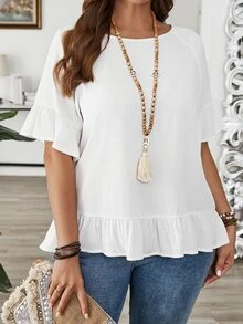EMERY ROSE Plus Size Women's White Solid Ruffle Trim Round Neck Short Sleeve Loose Fit Blouse Beautiful Shirts Casual Daily Fall Fashion 2026 - White - View 8
