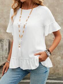 EMERY ROSE Plus Size Women's White Solid Ruffle Trim Round Neck Short Sleeve Loose Fit Blouse Beautiful Shirts Casual Daily Fall Fashion 2026 - White - View 5