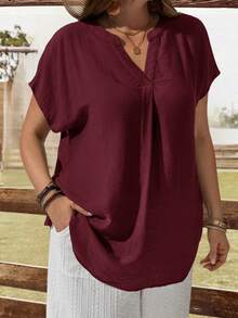 EMERY ROSE Plus Size Men/Women Plain Short Sleeve Shirt, Minimalist & Fashionable, Suitable For Summer - Burgundy - View 1