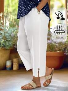 EMERY ROSE Pantalones informales de unicolor y corte entallado en talla grande, de moda para el verano, para uso diario, elegantes y sencillos, pantalones blancos de mujer para el verano, regalo para la madre, estilo bohemio, primavera, festivales - Blanco - Ver 3