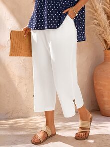 EMERY ROSE Pantalones informales de unicolor y corte entallado en talla grande, de moda para el verano, para uso diario, elegantes y sencillos, pantalones blancos de mujer para el verano, regalo para la madre, estilo bohemio, primavera, festivales - Blanco - Ver 5