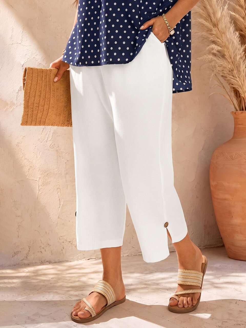 Plus Size White Summer Pants For Women,Basic Smart Casual Solid Tapered Pants,Elegant Boho Vacation Holiday Wear,Western Simple Everyday Springbreak