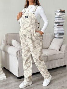 SHEIN جمبسوت كاجوال للحوامل بنقشة زهور وطباعة حروف للخريف - كاكي - مشاهدة 6
