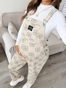 SHEIN جمبسوت كاجوال للحوامل بنقشة زهور وطباعة حروف للخريف - كاكي - مشاهدة 2