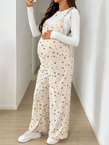 SHEIN 孕婦燈芯絨碎花吊帶連身褲（不含T恤） - 卡其色 - 查看 4