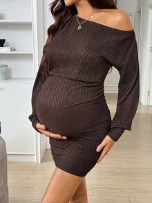 SHEIN Maternity Solid Color Asymmetrical Shoulder Casual Daily Wear Summer Dress Fall Fall/Winter Casual - Coffee Brown - View 4