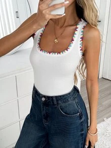Easowa Square Neck Colorful Contrast Embroidery Trim Cinched Waist Slim Fit Vest, Traceable Cotton Fabric, Casual Relaxed Elegant Commuter Old Money Style, Autumn/Winter Women's Vest - White - View 6