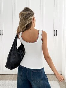 Easowa Square Neck Colorful Contrast Embroidery Trim Cinched Waist Slim Fit Vest, Traceable Cotton Fabric, Casual Relaxed Elegant Commuter Old Money Style, Autumn/Winter Women's Vest - White - View 10