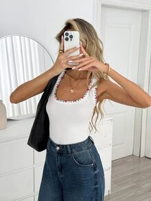 Easowa Square Neck Colorful Contrast Embroidery Trim Cinched Waist Slim Fit Vest, Traceable Cotton Fabric, Casual Relaxed Elegant Commuter Old Money Style, Autumn/Winter Women's Vest - White - View 5