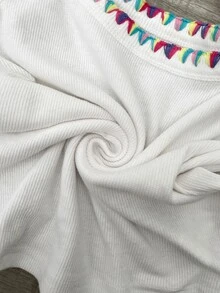 Easowa Square Neck Colorful Contrast Embroidery Trim Cinched Waist Slim Fit Vest, Traceable Cotton Fabric, Casual Relaxed Elegant Commuter Old Money Style, Autumn/Winter Women's Vest - White - View 9