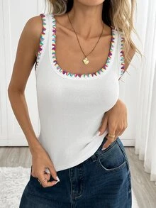 Easowa Square Neck Colorful Contrast Embroidery Trim Cinched Waist Slim Fit Vest, Traceable Cotton Fabric, Casual Relaxed Elegant Commuter Old Money Style, Autumn/Winter Women's Vest - White - View 8