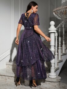 Reflora Plus Size Elegant Party Glitter Dress - Purple - View 2