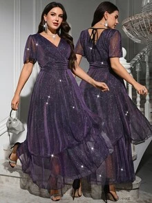 Reflora Plus Size Elegant Party Glitter Dress - Purple - View 4