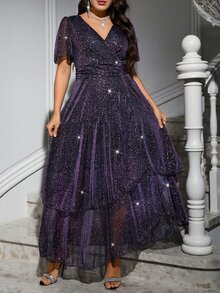 Reflora Plus Size Elegant Party Glitter Dress - Purple - View 9