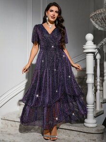 Reflora Plus Size Elegant Party Glitter Dress - Purple - View 5