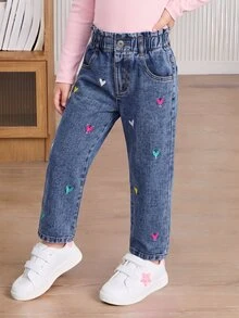 SHEIN 女童牛仔錐形長褲，水洗深藍牛仔布，彈性腰頭舒適穿著，彩色愛心刺繡，可搭配T恤或襯衫，適合日常休閒與校園活動，甜美可愛風格，寬鬆舒適版型，四季皆宜 - 深色水洗藍 - 查看 1