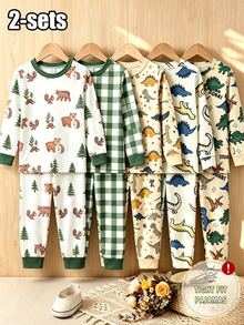 4pcs/Set Baby Boy Knit Round Neck Long Sleeve Pants Green Plaid Cartoon Cute Bear Print Simple Casual Comfortable Soft Fitted Home Wear Outfit All Season - Multicolor - View 4