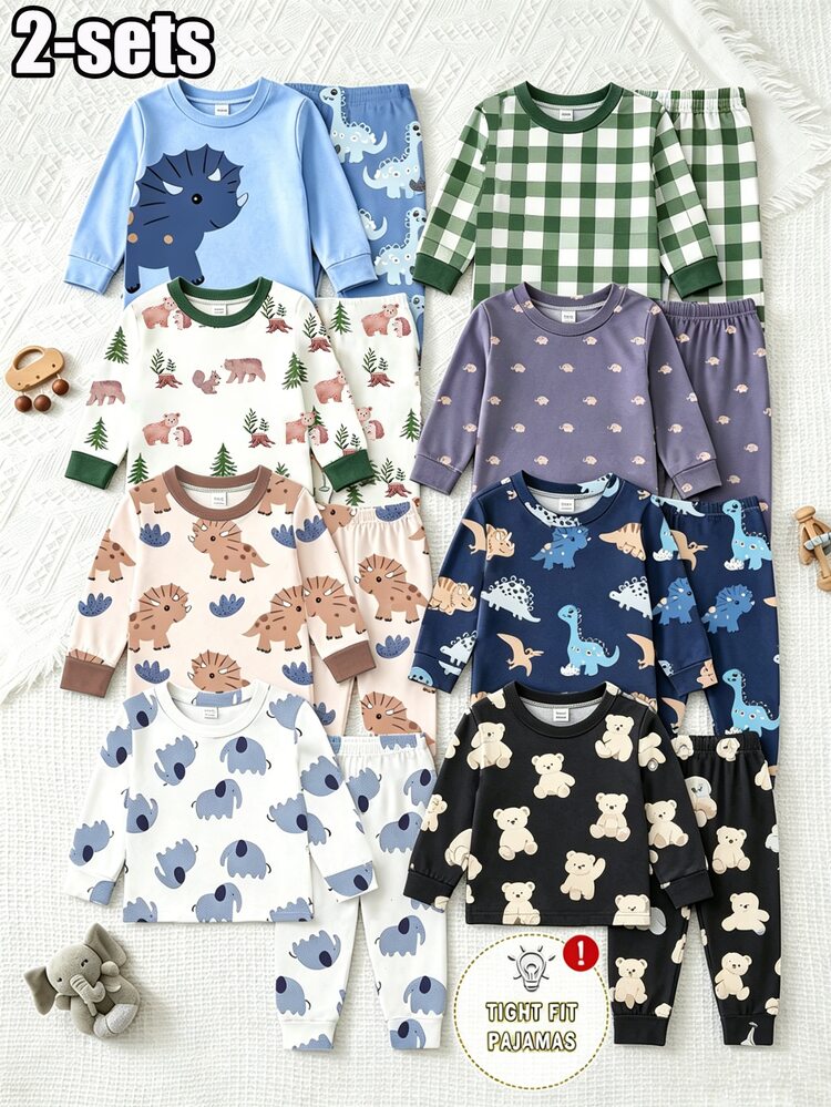Conjunto de 4 piezas para bebé niño, de punto, cuello redondo, manga larga, pantalones, estampado de oso de dibujos animados en cuadros verdes, estilo sencillo, casual, cómodo, suave y ajustado, ropa de casa para todas las estaciones - Multicolor - Añade 3
