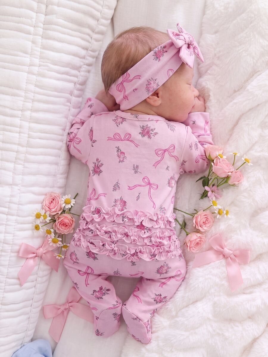 SHEIN Vintaside Kids 2件組新生女嬰迷人粉色花卉蝴蝶結印花長袖連腳軟針織睡衣,舒適秋冬出院居家睡衣,附荷葉邊 - 粉色 - 查看 1