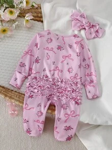 SHEIN Vintaside Kids 2件組新生女嬰迷人粉色花卉蝴蝶結印花長袖連腳軟針織睡衣，舒適秋冬出院居家睡衣，附荷葉邊 - 粉色 - 查看 3