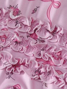 SHEIN Vintaside Kids 2件組新生女嬰迷人粉色花卉蝴蝶結印花長袖連腳軟針織睡衣，舒適秋冬出院居家睡衣，附荷葉邊 - 粉色 - 查看 5