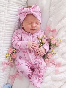 SHEIN Vintaside Kids 2件組新生女嬰迷人粉色花卉蝴蝶結印花長袖連腳軟針織睡衣，舒適秋冬出院居家睡衣，附荷葉邊 - 粉色 - 查看 2