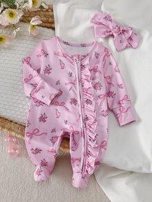 SHEIN Vintaside Kids 2件組新生女嬰迷人粉色花卉蝴蝶結印花長袖連腳軟針織睡衣，舒適秋冬出院居家睡衣，附荷葉邊 - 粉色 - 查看 4