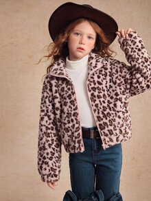 SHEIN 2Pcs Set Girls's Sweet Cool Style Pink Leopard Print Jacket Back To School Soft Plush Fabric Fluffy Full Stand Collar Design Matching Color Zipper For - Pink - View 6