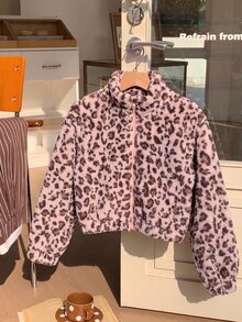 SHEIN 2Pcs Set Girls's Sweet Cool Style Pink Leopard Print Jacket Back To School Soft Plush Fabric Fluffy Full Stand Collar Design Matching Color Zipper For - Pink - View 4