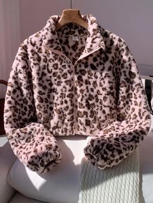 SHEIN 2Pcs Set Girls's Sweet Cool Style Pink Leopard Print Jacket Back To School Soft Plush Fabric Fluffy Full Stand Collar Design Matching Color Zipper For - Pink - View 1