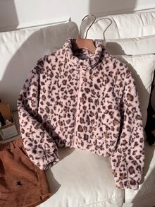 SHEIN 2Pcs Set Girls's Sweet Cool Style Pink Leopard Print Jacket Back To School Soft Plush Fabric Fluffy Full Stand Collar Design Matching Color Zipper For - Pink - View 7
