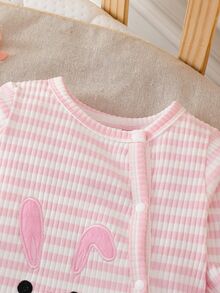 SHEIN Playful Pals 新生兒粉色可愛兔子刺繡長袖連身衣，腳部3D耳朵裝飾，時尚百搭，適合寶寶日常穿著與外出 - 粉色 - 查看 6