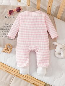 SHEIN Playful Pals 新生兒粉色可愛兔子刺繡長袖連身衣，腳部3D耳朵裝飾，時尚百搭，適合寶寶日常穿著與外出 - 粉色 - 查看 2