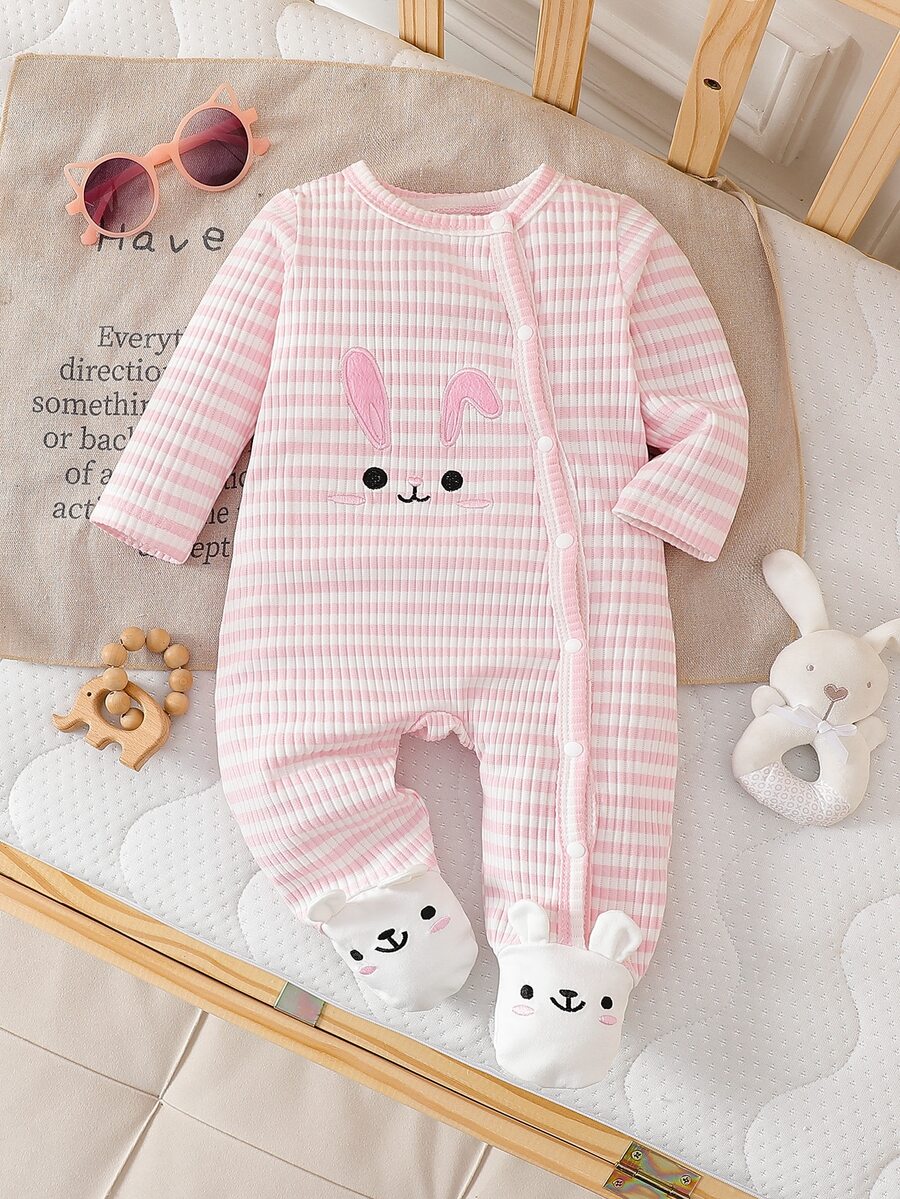 SHEIN Playful Pals 新生兒粉色可愛兔子刺繡長袖連身衣,腳部3D耳朵裝飾,時尚百搭,適合寶寶日常穿著與外出 - 粉色 - 查看 1