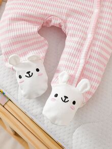 SHEIN Playful Pals 新生兒粉色可愛兔子刺繡長袖連身衣，腳部3D耳朵裝飾，時尚百搭，適合寶寶日常穿著與外出 - 粉色 - 查看 7